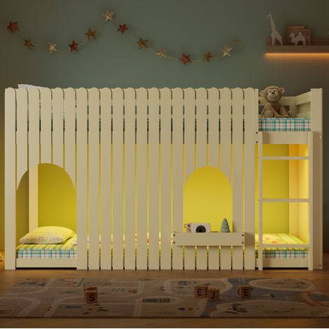 Cama alta 90x200 cm natural, pino y MDF, con LED y escalera (1/5)