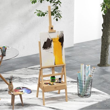 Caballete de artista de madera de haya, altura regulable, 1 cajón, natural y negro (1/5)