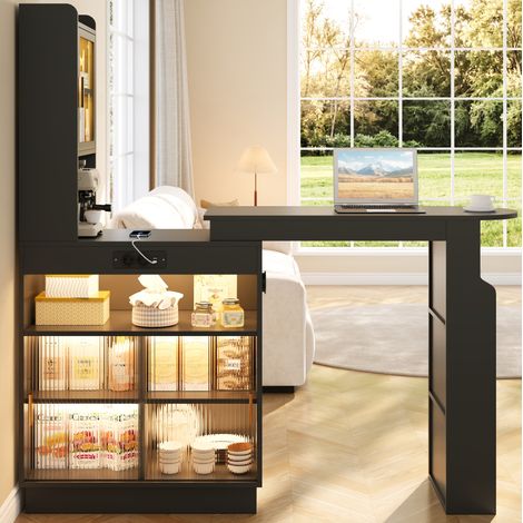 Bar extensible 131-170x40x170 cm en MDF negro con almacenaje integrado - MEUBLIV (1/5)