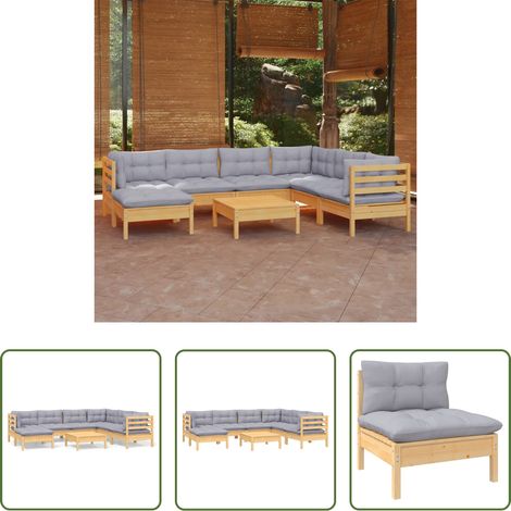 Terrassensofa -  8-tlg. Garten-Lounge-Set mit Grauen Kissen Kiefer Massivholz (1/5)