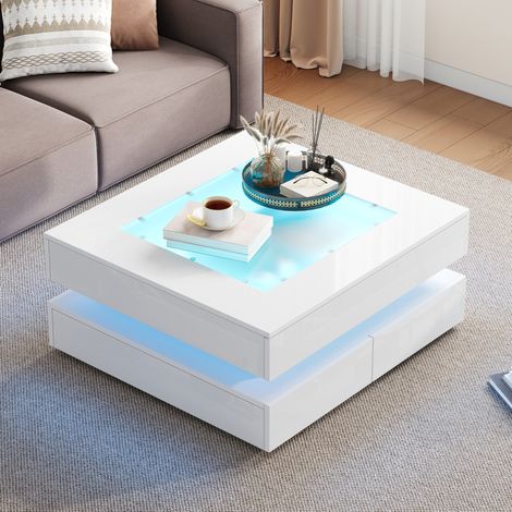 Mesa baja 70 x 70 x 35 cm con tablero de vidrio, LED y 3 cajones, blanca OKMYHOME (1/5)