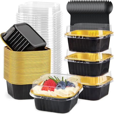 50 Pièces Mini Moules à Gâteaux avec Couvercles et Cuillères, 150ml Plats de Cuisson Carrés en Papier D'aluminium Petites Boîtes à Pain pour Mariage Anniversaire Pique-Nique Fête (Or Noir) (1/5)