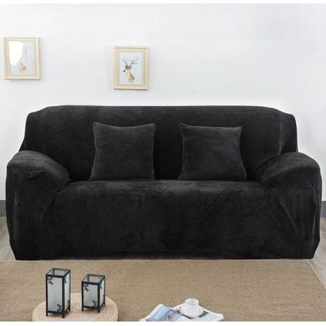 Housse de Canapé Velours 2 Places 145-185cm Élastique Spandex Revêtement de Canapé Épais Noir (1/4)
