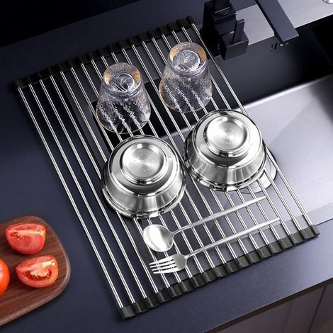 Scolapiatti pieghevole per lavello, in acciaio inox, per asciugare frutta, verdura e piatti, 43 x 35 cm, scolapiatti multifunzione rimovibile, nero. (1/4)