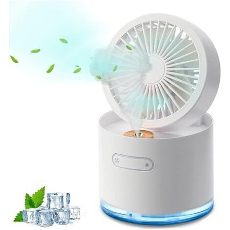Tischventilator mit Verneblerfunktion, faltbar, USB-aufladbar, tragbar, klein, Mini, wassergekühlt, leise, zum Schlafen, Büro, batteriebetrieben (weiß) (1/5)