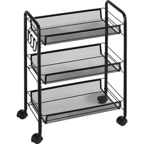 3-stöckiger Servierwagen mit Körben, Rollwagen, Aufbewahrungswagen, 45 x 26,5 x 63 cm, Schwarz (1/5)