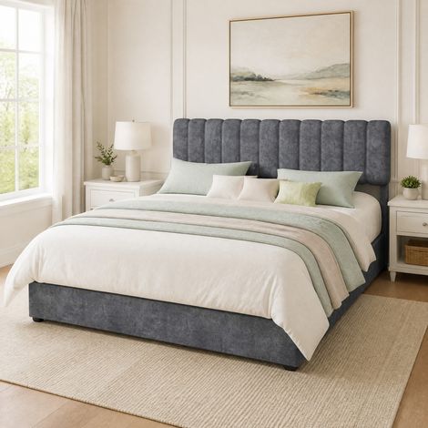 Cama canapé 160x200 cm de tela gris con elevación hidráulica y cabecero acolchado DESVIAE (1/5)
