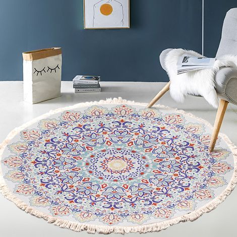 GENERIC-Tapis Salon Tapis rond en coton tissé à la main - Motif mandala - Style bohème vintage - Avec pompons - Lavable en machine - Pour chambre à coucher, couloir, salon, table basse - 100 cm - Fleu (1/2)