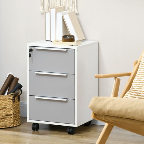 Caisson de bureau à roulettes 3 tiroirs et serrure, pour dossiers, 40x40x63.5cm, blanc et gris