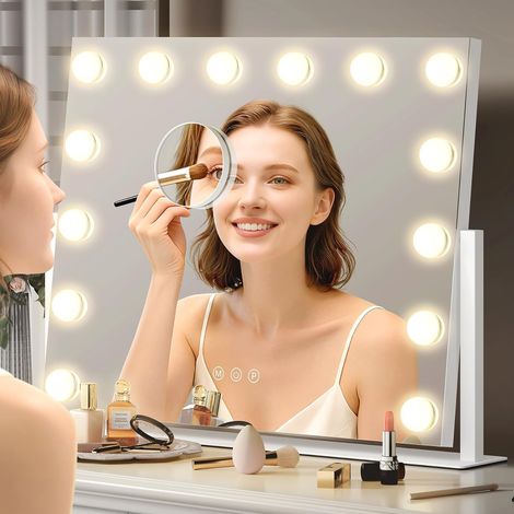Miroir de maquillage avec éclairage, 40 x 50 cm, miroir cosmétique avec 14 lampes LED, 3 modes de couleur, luminosité à intensité variable, miroir de coiffeuse blanc pour coiffeuse (1/5)