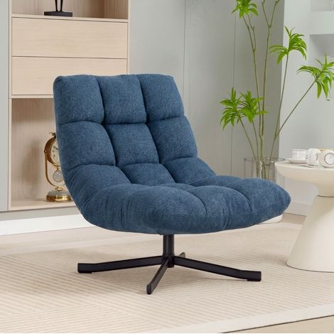 Sillón giratorio sin reposabrazos, lounge moderno de chenilla, patas de acero, azul oscuro DESVIAE (1/5)