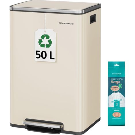 Poubelle de Cuisine 50 L, avec 15 Sacs Poubelle, en Acier, Seau Intérieur Amovible en Plastique, avec Couvercle, Poignées, Fermeture en Douceur, Couleur Crème LTB595A02 (1/5)