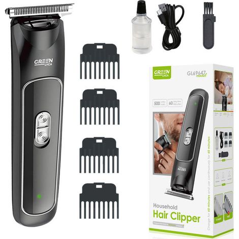 Tondeuse à cheveux Green LYCA GL68447 noire avec 4 peignes (3 mm, 6 mm, 9 mm, 12 mm), batterie 500 mAh, alimentation USB et CC, lame en acier inoxydable. (1/4)