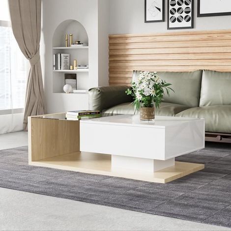 Table basse 110x60, design bicolore table basse salon, rangement intégré, plateau verre LED (1/5)