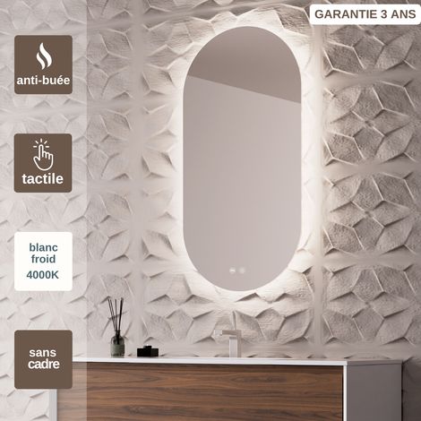 Miroir salle de bains LED rétroéclairé L50 x H90 cm – fonctions On/Off et anti-buée – PALMA SANIZÉO (1/5)