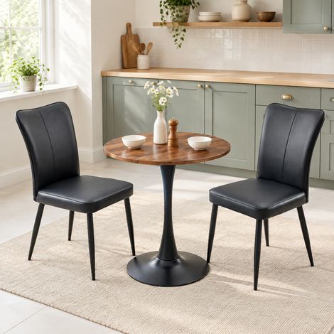 Runder Tisch 60 cm aus MDF mit 2 schwarzen PU-Stühlen, schwarzes Mittelfußgestell (1/5)