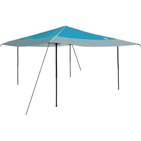 Tente pare-soleil bleue, mesurant 395 x 395 x 251 cm, en tissu.