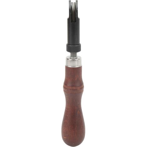 Herramienta para ranurar cuero en V, acero de alto carbono, punta retráctil, mango de madera.
