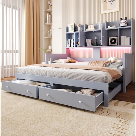 MODFU – Lit banquette extensible 90x190 cm – Tiroirs, LED et prise – Couchage 180x190 cm et 29 lattes – Chambre d'amis – Gris (1/5)