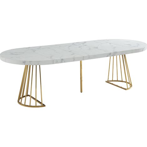 Tavolo da pranzo allungabile da 2 a 12 coperti in MDF e Acciaio Effetto marmo Bianco e Oro - FIRELA