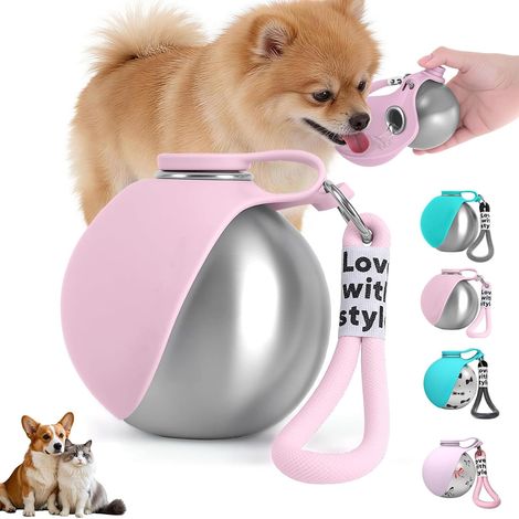 Ortviai Gourde Chien pour En Déplacement 285ml - Bouteille d'Eau pour Chien en Acier Inoxydable 304 avec Écuelle en Silicone Pliable et Mousqueton - Trinkflasche Hunde für Unterwegs - Rose Brume (1/5)