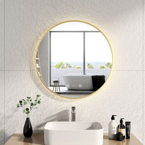 EMKE Espejo de baño LED con interruptor táctil, antivaho, reloj, temperatura, regulable, función de memoria, luz neutra, diámetro 70 cm, marco de cobre