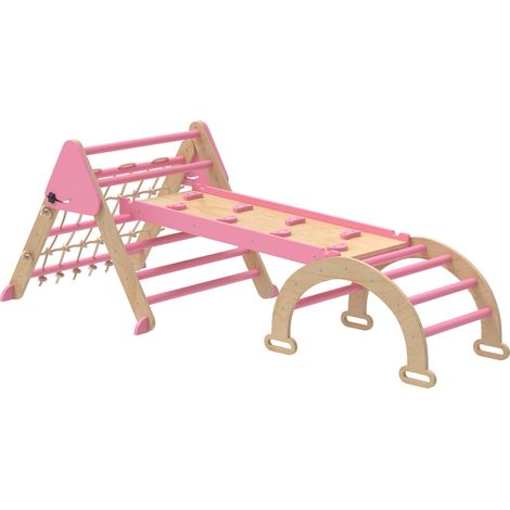 Triangle d'escalade 8-en-1 pour enfants, rampe réversible, structure en bois avec toboggan et échelle, rose (1/5)