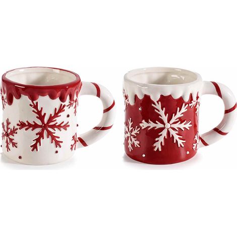 Tasses de Noël en céramique colorée brillante avec anse friandise et flocons en relief, lot de 4, diam. 9,5 x H. 9,5 cm