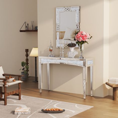 Unho – Table console en verre miroir – Dimensions 120x35x80.5cm – Finition en cristaux écrasés – Style moderne pour entrée ou salon (1/5)