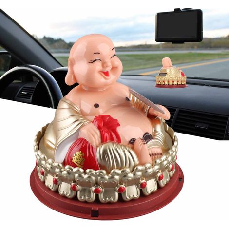 Estatua de Buda Maitreya con ventilador oscilante y sensor de luz solar, amuleto de la suerte hecho de plástico para oficina, coche, consola, decoración de mesa, caja registradora, 116 g, 9,5 x 11 cm (1/5)