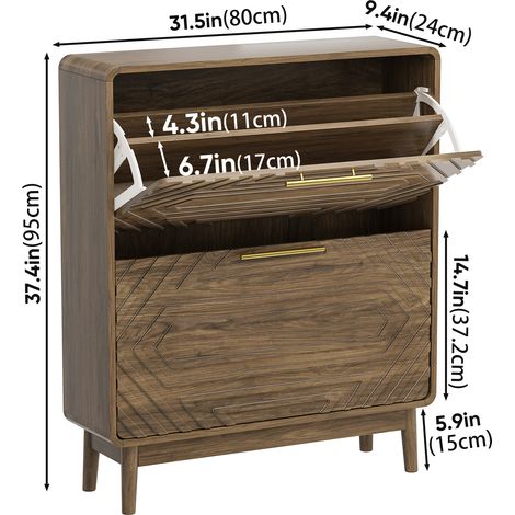 Zapatero de 80 cm de altura fabricado en madera de nogal, un zapatero independiente de estilo moderno de mediados de siglo con espacio de almacenamiento separado y dos cajones abatibles, adecuado para (1/5)