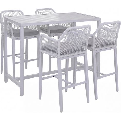 Set tavolo + 4 sgabelli da bar HHG-294, sedie tavolo alto, con cuscino da esterno metallo intreccio, grigio chiaro (1/5)