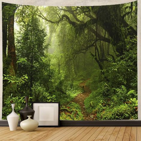 (150 x 200 cm, 59 x 79 Zoll) Wandteppich „Wald“, großer grüner Baum, weiß