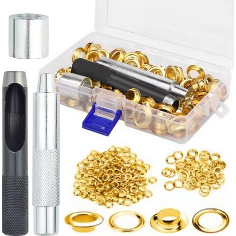 FixTool GoldSet 12mm ProKit - Juego dorado de 100 ojales para lonas con perforadora y remache  Elegantes ojales metálicos de 12 mm  Para tiendas de campaña, pancartas y tejidos técnicos  Versión para  (1/5)