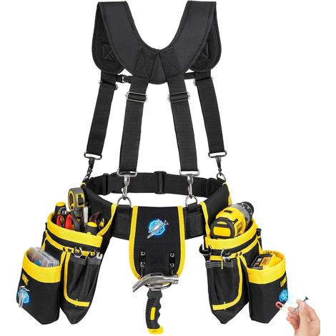 Ceinture Outils avec Bretelles,Ceinture porte Outil pour Hommes mit 27 poches,Amovible et Réglable Robuste Sac à Outils Magnétique,pour électriciens,Charpentiers,Ouvriers du Bâtiment,Noir Jaune (1/5)
