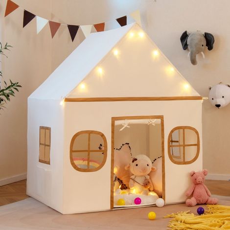 Tente de Jeu pour Enfants Grande Maisonnette avec Rideau de Porte et Fenêtres Étoiles Lumineuses Tapis Rembourré Antidérapant Poche Café (1/2)