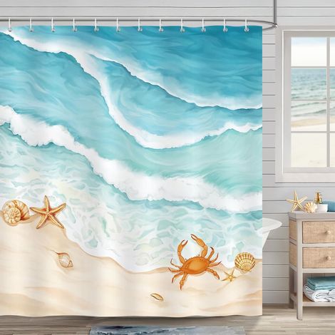Rideau de Douche Plage Vague Océan Côtier Bleu Rideau de Bain Tissu Polyester Anti Moisissure Imperméable Lavable Rideaux Salle de Bain 180 x 180 cm avec 12 Crochets pour Baignoire (1/5)