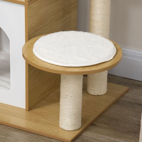 Tour à chat MDF, griffoir intégré, 2 cabanes pour chat, plateformes et balle de jeu, 60x48x133 cm