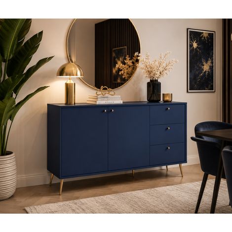Buffet bas bleu foncé et pied doré 160cm EZIA (1/5)