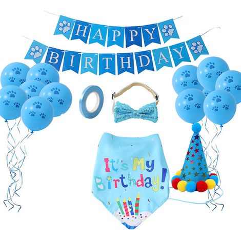 Kit Fête Anniversaire Chien - Chapeau Couronne + Bandana Triangle + Nœud Papillon Ajustable + Bannière HAPPY BIRTHDAY + 12 Ballons Empreinte Pattes - Lot Complet (1/5)