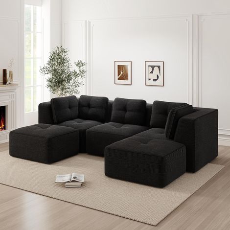 Canapé modulable pour salon, sans cadre, adapté à une utilisation en salon, canapé trois places en velours côtelé, assise profonde, aucun assemblage requis, noir. (1/5)