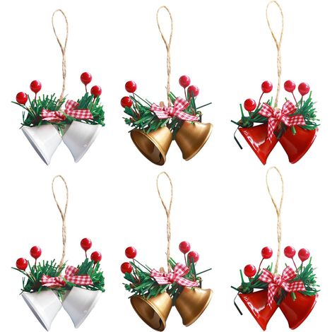 6PCS Cloches de Noël,Vintage Cloche en Fer, Noël Festival Décorer Trompette Cloche Pendentif Corde de Chanvre Fruits Rouges Accessoires Tentures