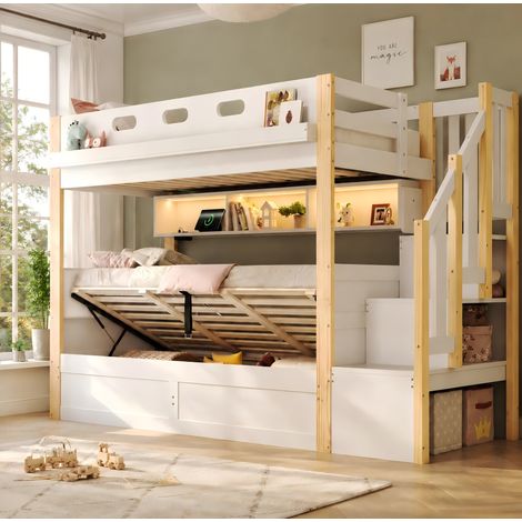 Cama alta infantil 90x200+90x200 cm con arcón hidráulico blanco OKMYHOME (1/5)