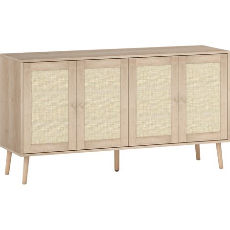 Buffet salon rangement avec placards cannage et étagère réglable 140x40x75 cm aspect bois clair (1/5)