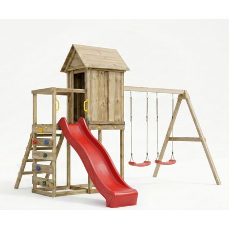 Casetta rialzata per bambini in legno Maxplay 5 con scivolo rosso, doppia altalena e arrampicata (1/5)