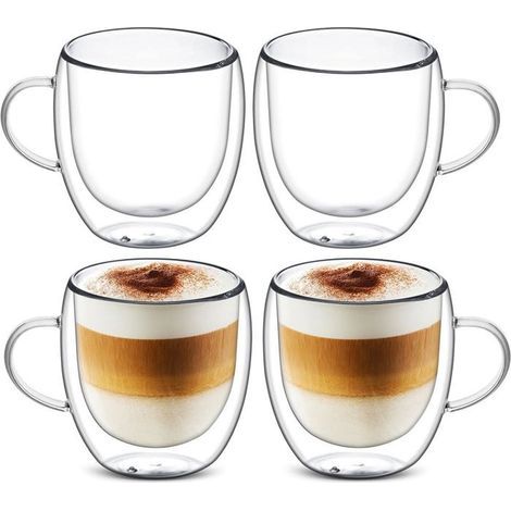 4x150ml Tasse à Café Double Paroi avec Poignée, Tasses à Latte Macchiato, Verre à Thé, Cappuccino, Résistantes à la Chaleur. (1/4)