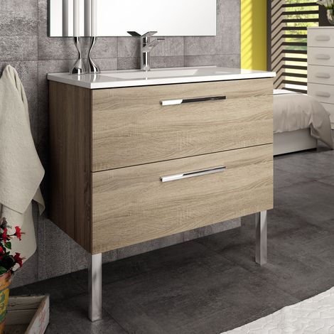 Meuble de salle de bain 80cm simple vasque - 2 tiroirs - sans miroir - cambrian (chêne clair) - CINTO (1/4)