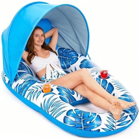 NALOOKAMIC Flotteur de Piscine avec auvent pour Adulte, Chaise Longue Gonflable Piscine, lac et Plage, Porte-gobelets, idéal Les fêtes la détente. - (1/5)