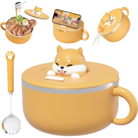 Instant-Nudelschüssel mit Griff, 1200 ml, Instant-Ramen-Schüssel mit Deckel und Löffel, tragbarer, mikrowellengeeigneter Ramen-Kocher, geeignet für Suppen, Nudeln, Teigtaschen und Salate (1/5)