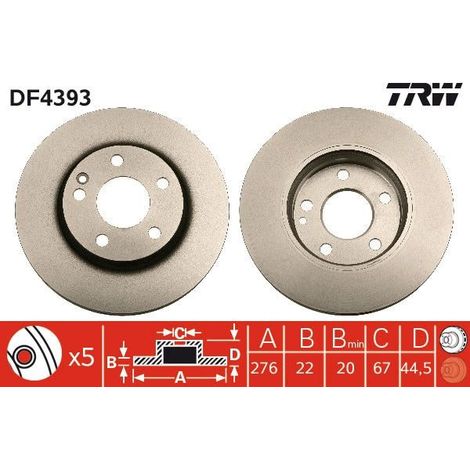 Lot de 2 Disques de frein TRW Automotive DF4393 MERCEDES-BENZ 169 421 01 12